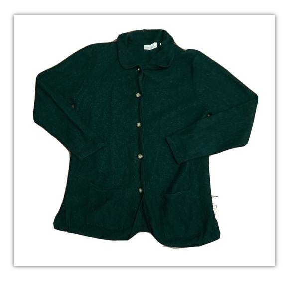 Vintage Womens M 100% Wool Sweater Cardigan Evergreen Button Up With Pockets - Picture 1 of 12
